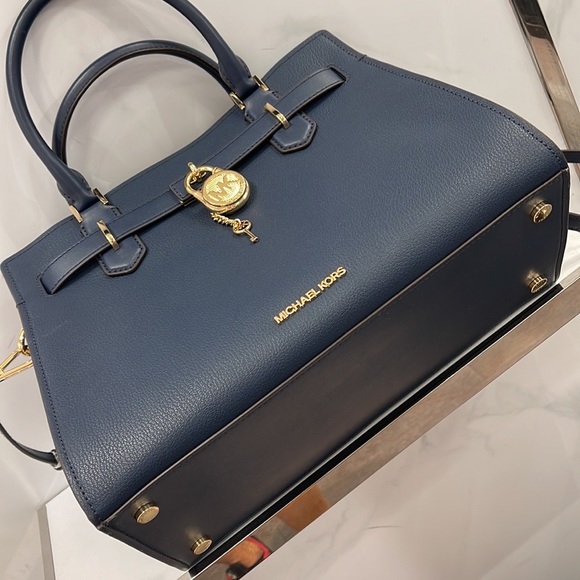 Michael Kors 35T1GHMS2L Hamilton Medium Satchel Crossbody Navy - Picture 13 of 16